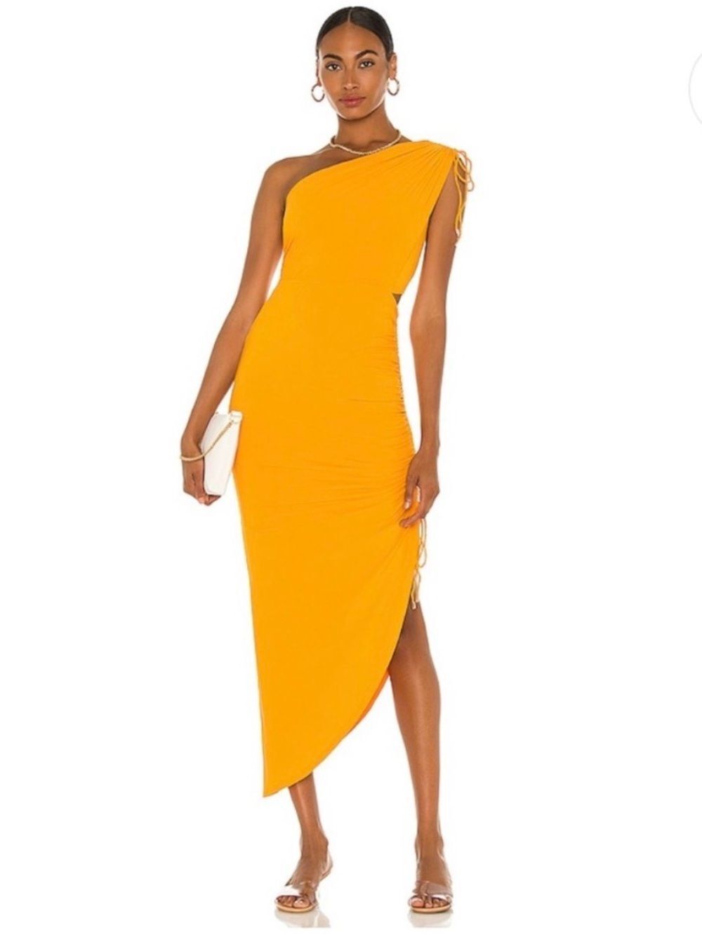 Significant Other Cindy Dress Marigold Ruched Midi One Shoulder Dress Size US 8